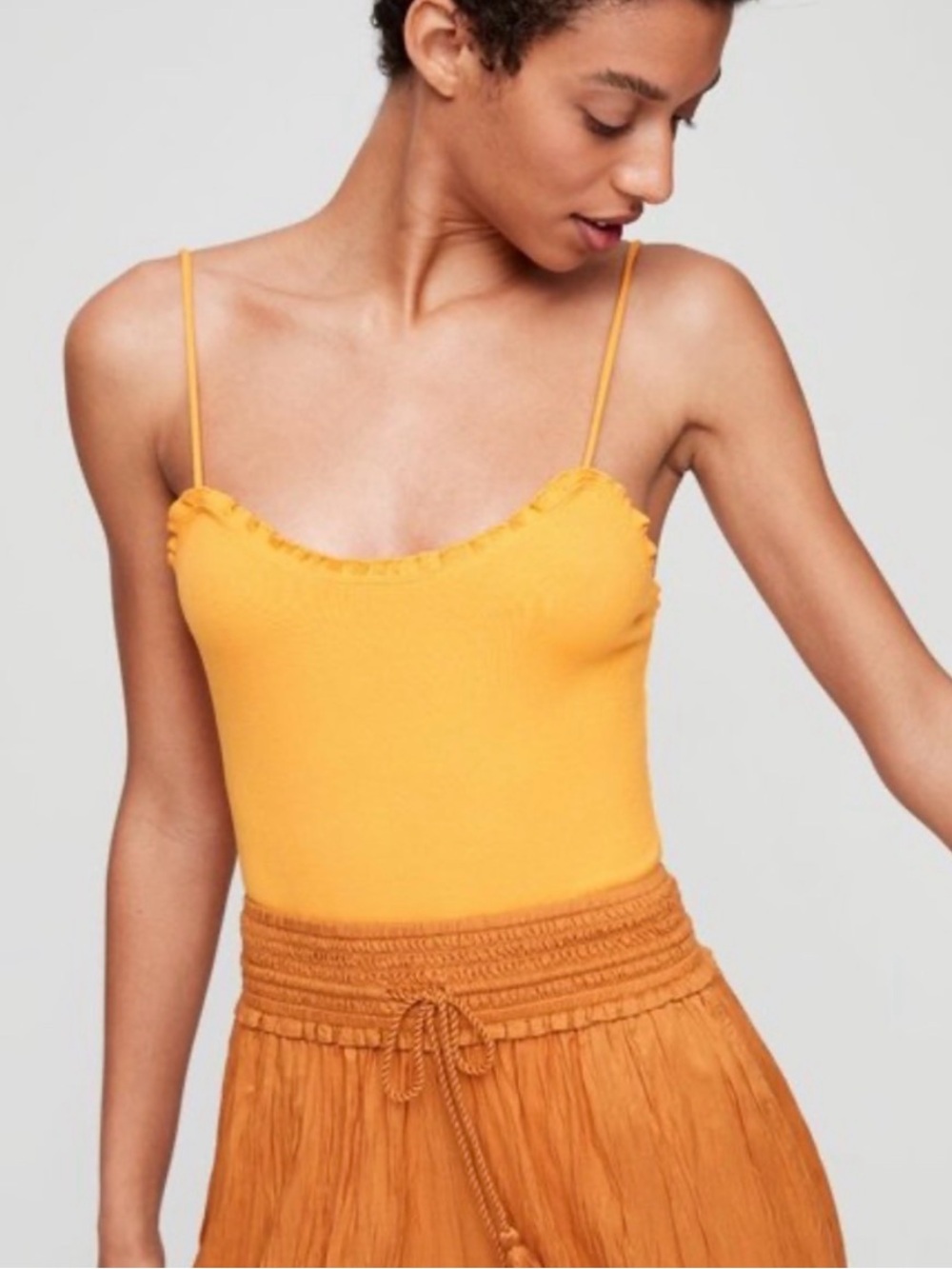 Aritzia Wilfred Yellow Ruffle-Trim Spaghetti Strap Bodysuit